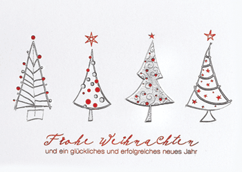Weihnachtskarte mit vier Tannenbäumen
