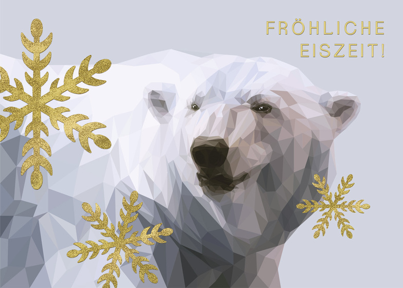 Weihnachtskarte: Eisbär mit goldenen Schneeflocken