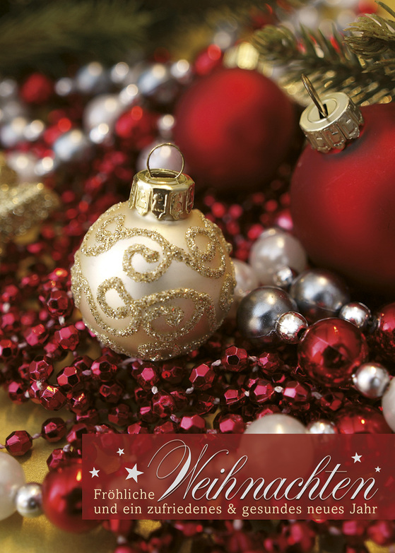 Weihnachtskarte: Reichverzierte Kugeln in Gold und Rot