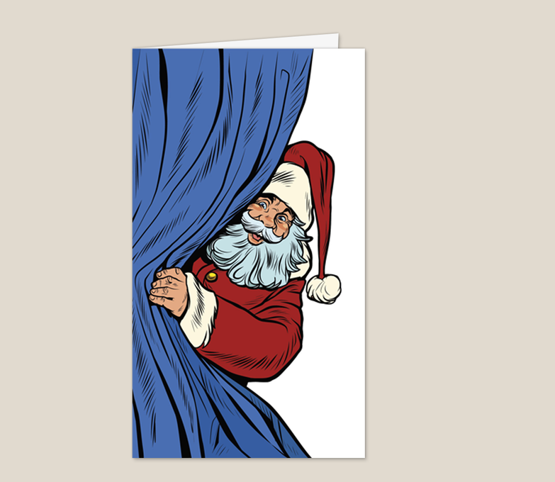 Karte: Weihnachtsmann hinterm Vorhang