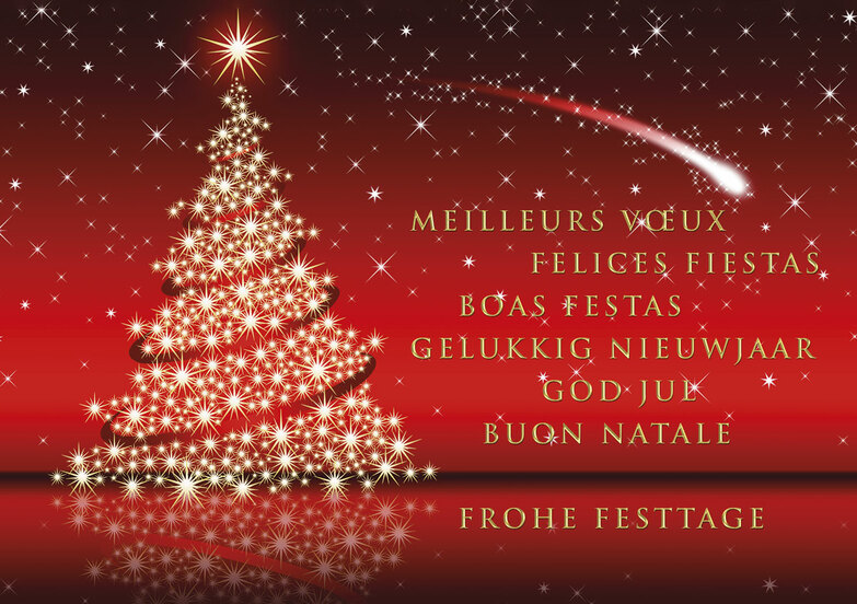 Grußkarte: Festlicher Glitzerbaum auf Rot