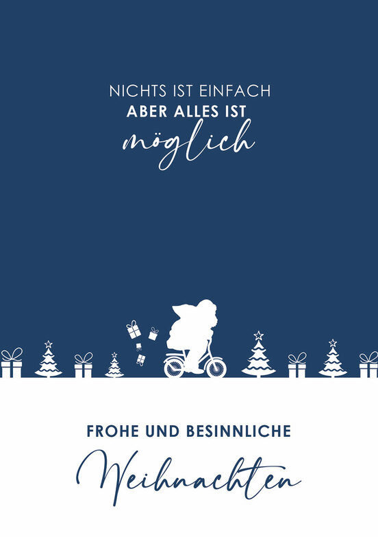 Weihnachtskarte: Weihnachtsmann auf dem Fahrrad