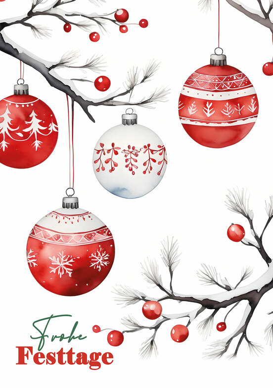 Weihnachtskarte: Zarte Beerenzweige mit Schmuck