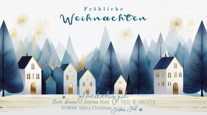 Weihnachtskarte: Dorf in Blau und Gold