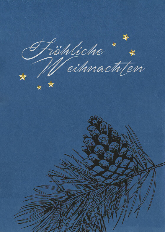 Weihnachtskarte: Kiefernzapfen am Zweig auf Blau