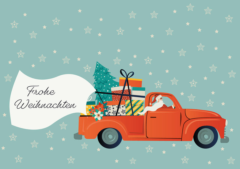 Weihnachtskarte: Geschenke im Pickup