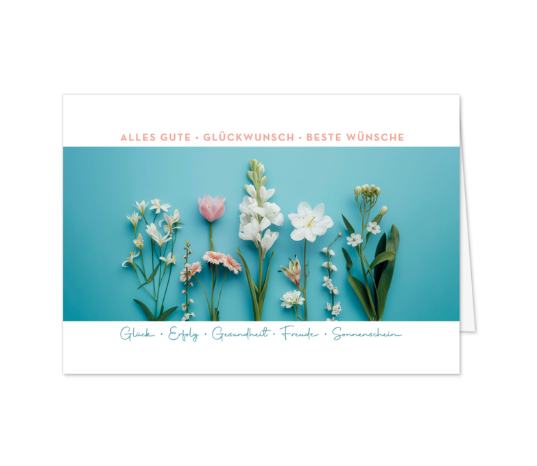 Karte: Blumenarrangement auf Türkis