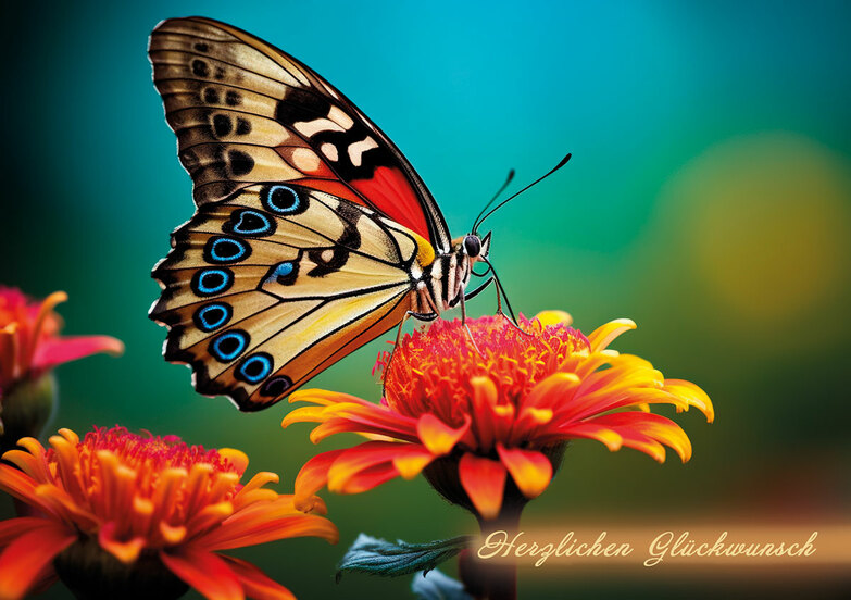 Grußkarte: Schmetterling auf bunter Blüte