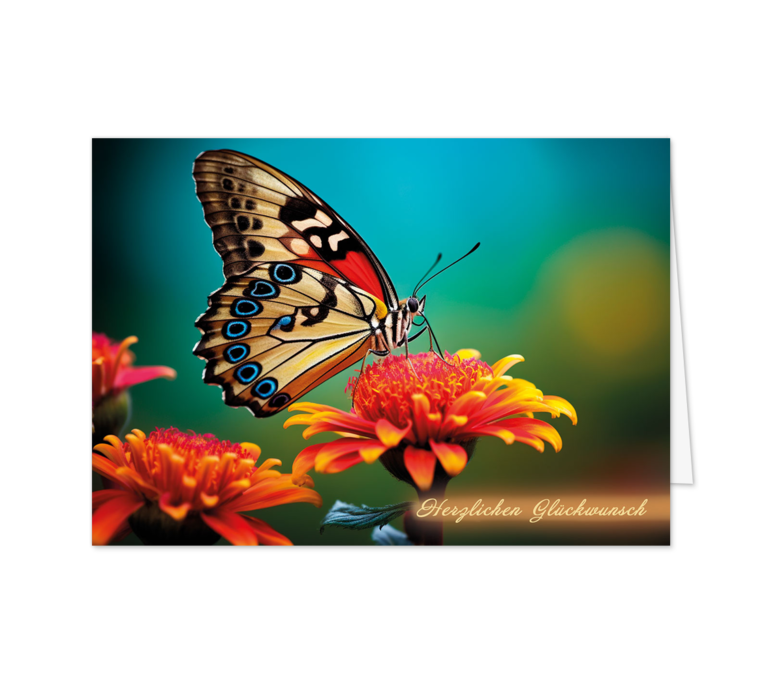 Karte: Schmetterling auf bunter Blüte
