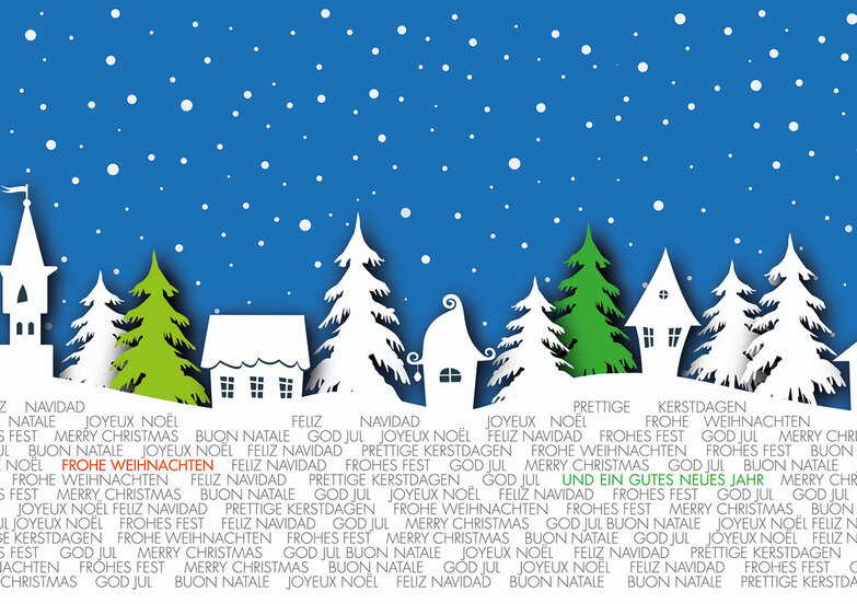 Weihnachtskarte: Schneebedecktes Dorf