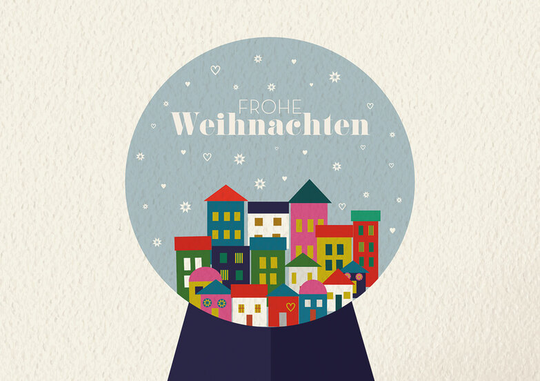 Grußkarte: Dorf in Schneekugel