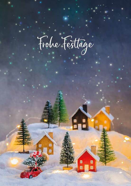 Weihnachtskarte: Verschneites Bergdorf