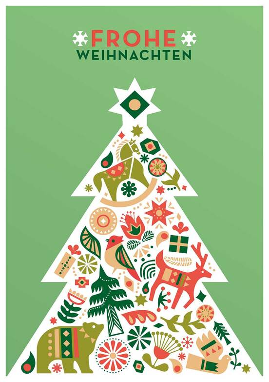 Weihnachtskarte: Folkloristischer Tierbaum