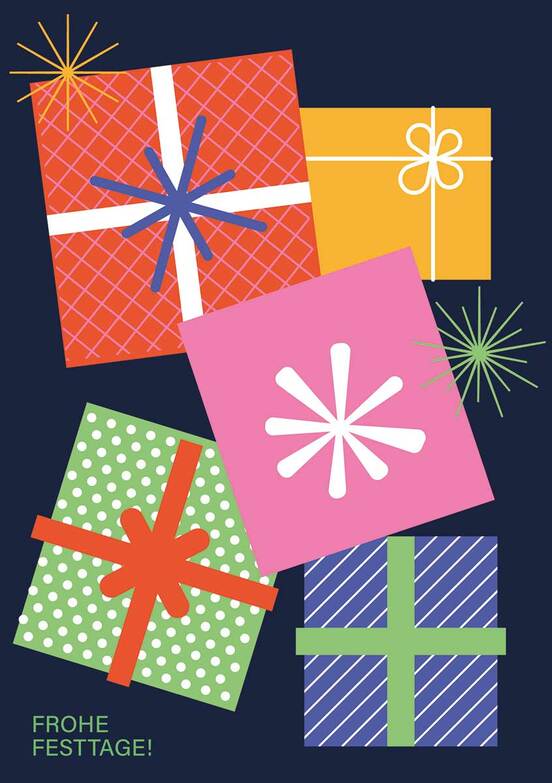 Weihnachtskarte: Bunte Geschenke auf Blau
