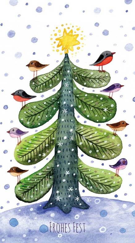 Weihnachtskarte: Gemalter Baum mit Vögeln