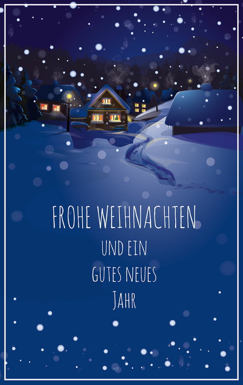 Weihnachtskarte: Dorf im Schnee