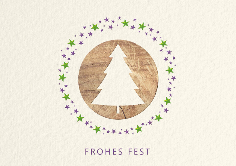 Weihnachtskarte: Baum im Holzkreis