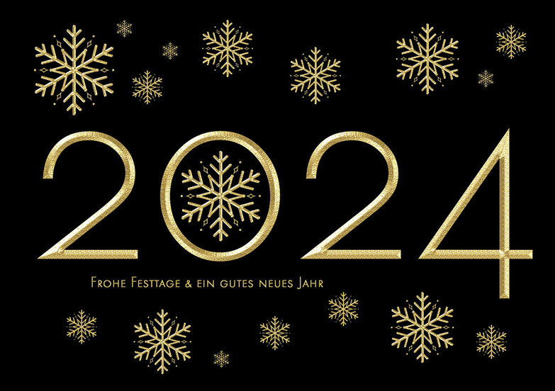 Weihnachtskarte: Jahreszahl mit goldenen Flocken